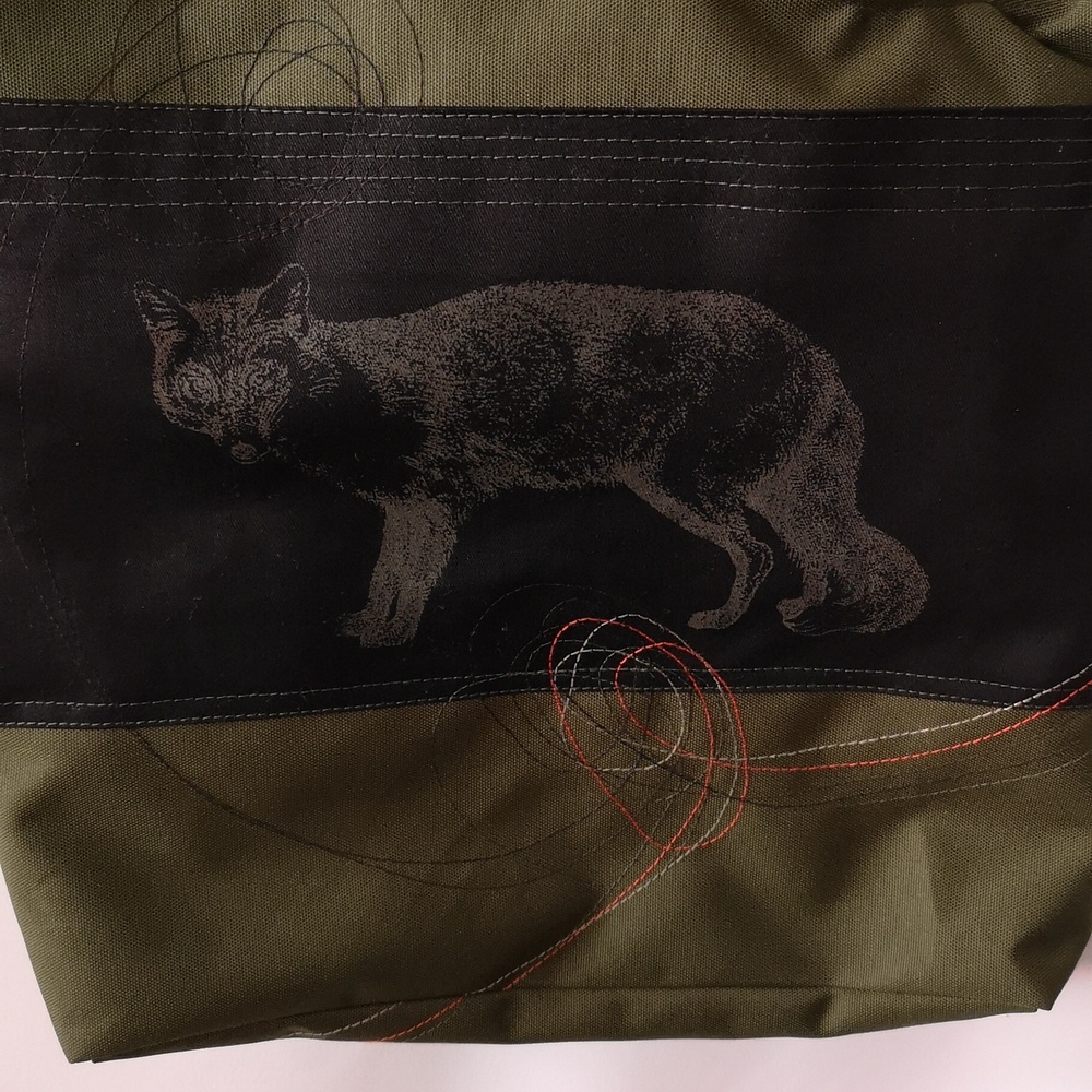 Unique Canvas Crossbody Bag with Fox and Abstract Design, Moss Green w Black